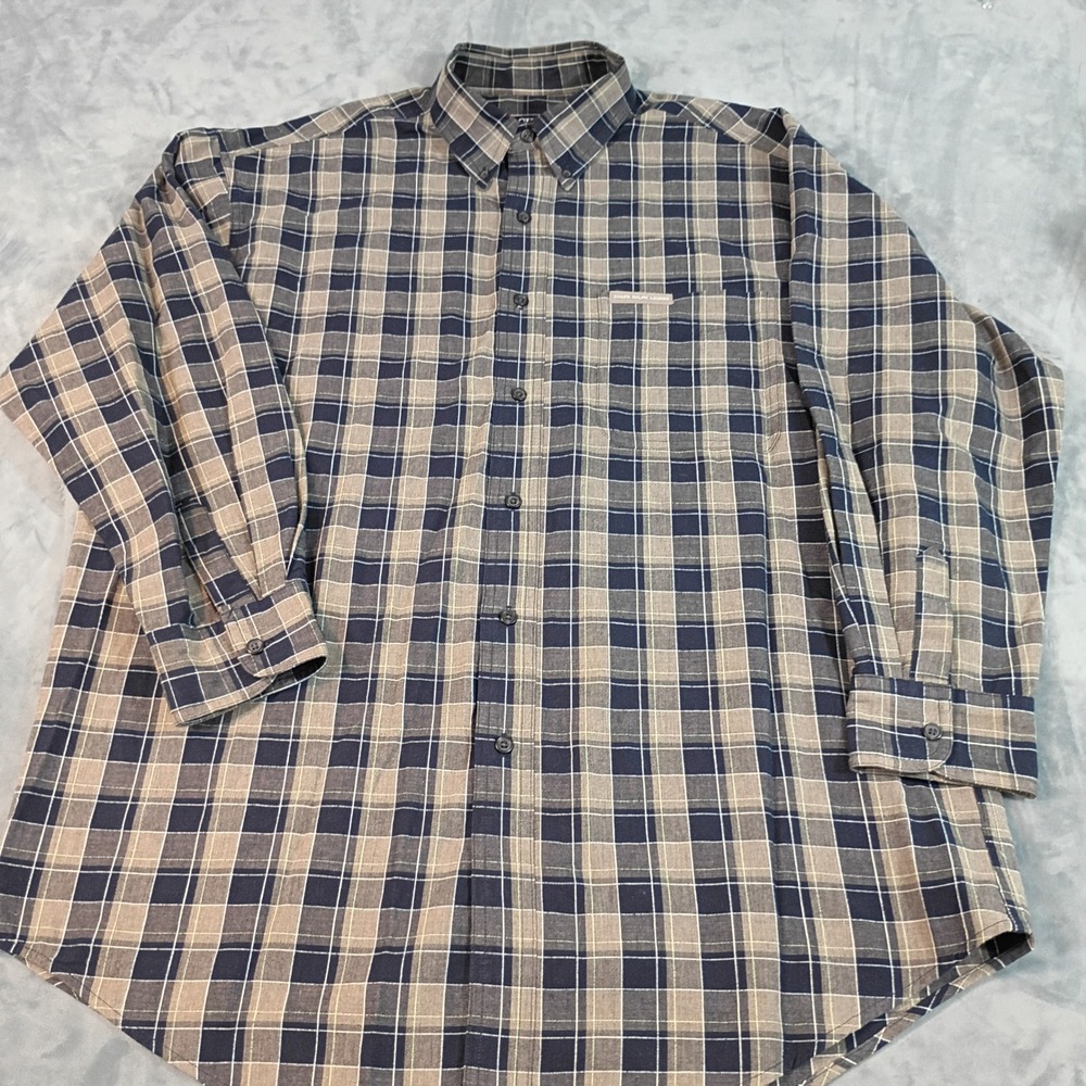 Chaps Ralph Lauren Mens Large Plaid Cotton Button Down Shirt Navy Tan Long Slv